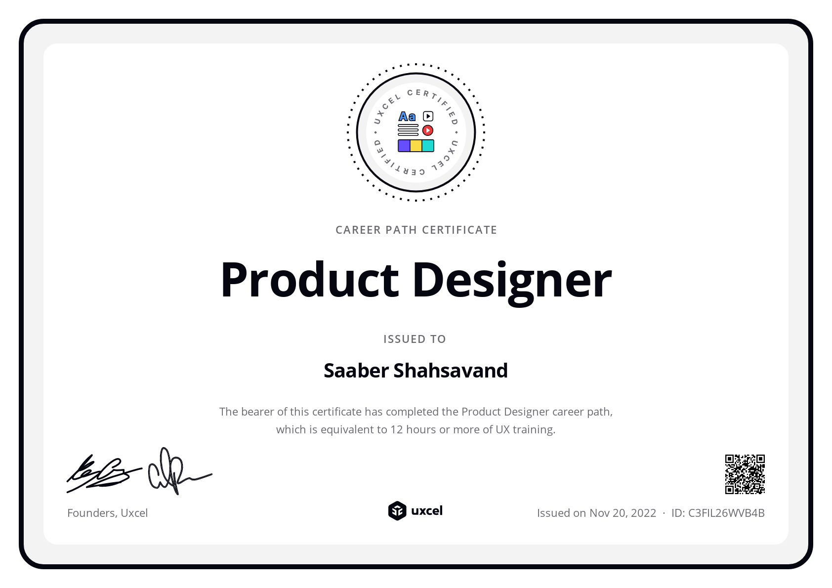 Saaber Shahsavand's certificate